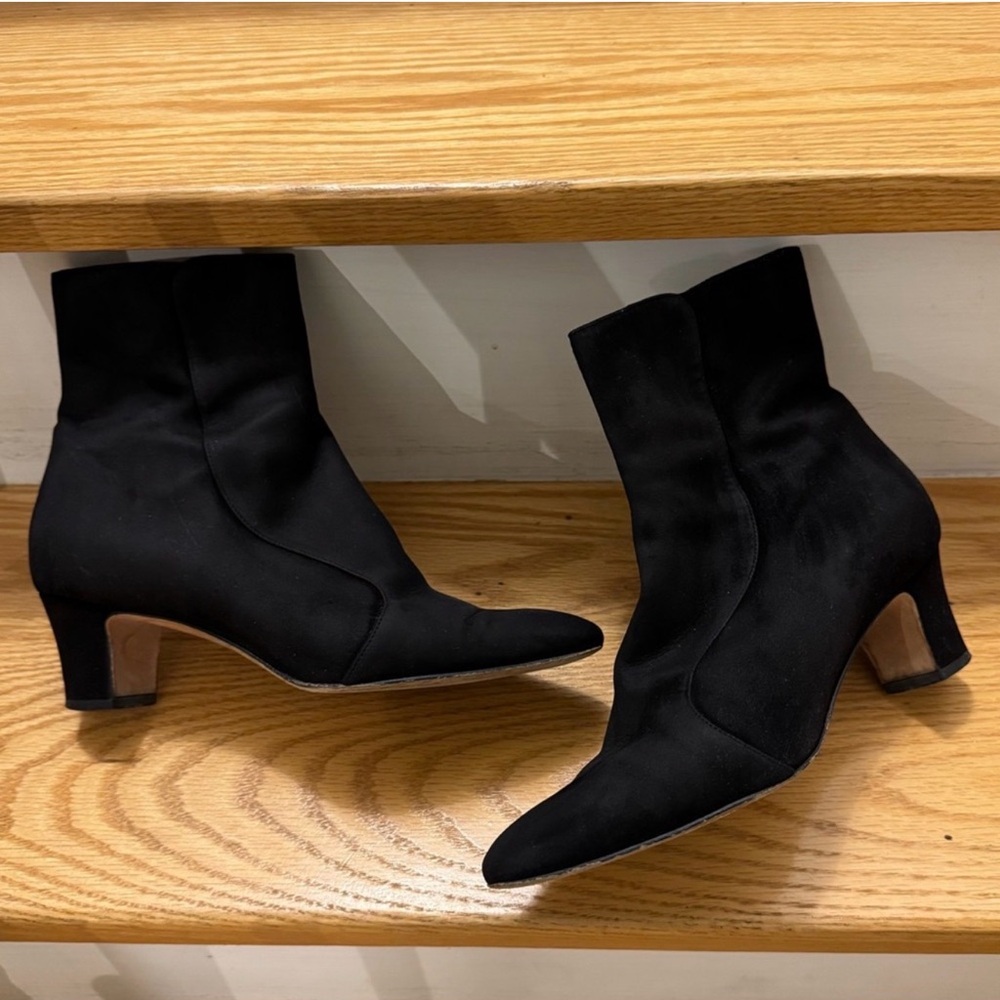 Manolo Blahnik “MYCONIA” Black Suede Round Toe Ankle Booties